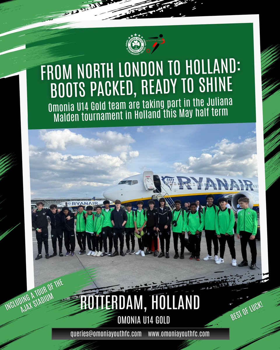 Our U14 Gold squad have landed in Holland! 🇳🇱
They’re taking part in the Juliana Malden Tournament this half term – with a visit to the Ajax Stadium too!

#OmoniaYouthFC #U14Gold #FootballTour #JulianaMalden #YouthFootball #GrassrootsFootball #NorthLondonFootball #FootballForAll