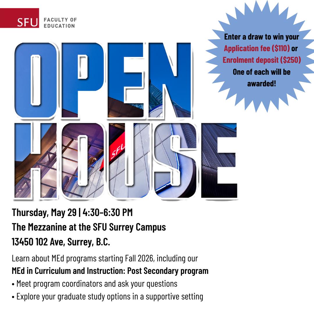 SFU Faculty of Education (@sfueducation) on Twitter photo 📣 Happening tomorrow!
Thinking of grad school? Join us on May 29 from 4:30 PM to 6:30 PM at <a href="/sfusurrey/">SFU Surrey</a> to explore our Master of Education programs!
🎓 Meet our faculty
🏫 Tour the Surrey campus
🎁 Win door prizes!
🔗 Register: eventbrite.ca/e/faculty-of-e… 📣 Happening tomorrow!
Thinking of grad school? Join us on May 29 from 4:30 PM to 6:30 PM at <a href="/sfusurrey/">SFU Surrey</a> to explore our Master of Education programs!
🎓 Meet our faculty
🏫 Tour the Surrey campus
🎁 Win door prizes!
🔗 Register: eventbrite.ca/e/faculty-of-e…
