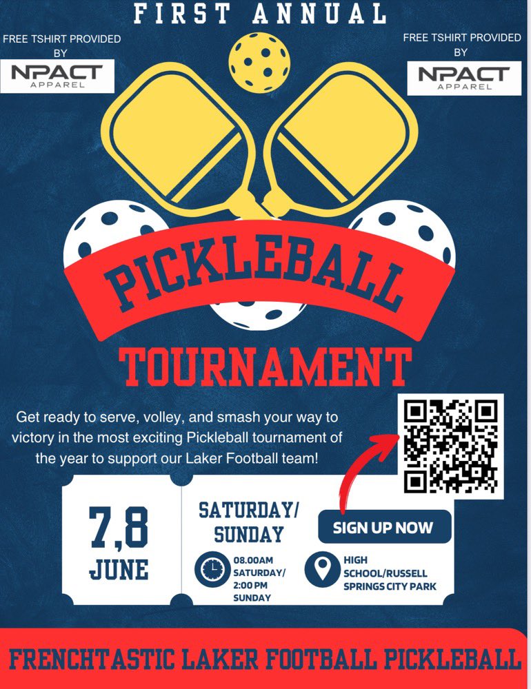 Russell County Football (@rc_mightylakers) on Twitter photo Get signed up for The Mighty Laker Football pickleball tournament ⚓️ Get signed up for The Mighty Laker Football pickleball tournament ⚓️