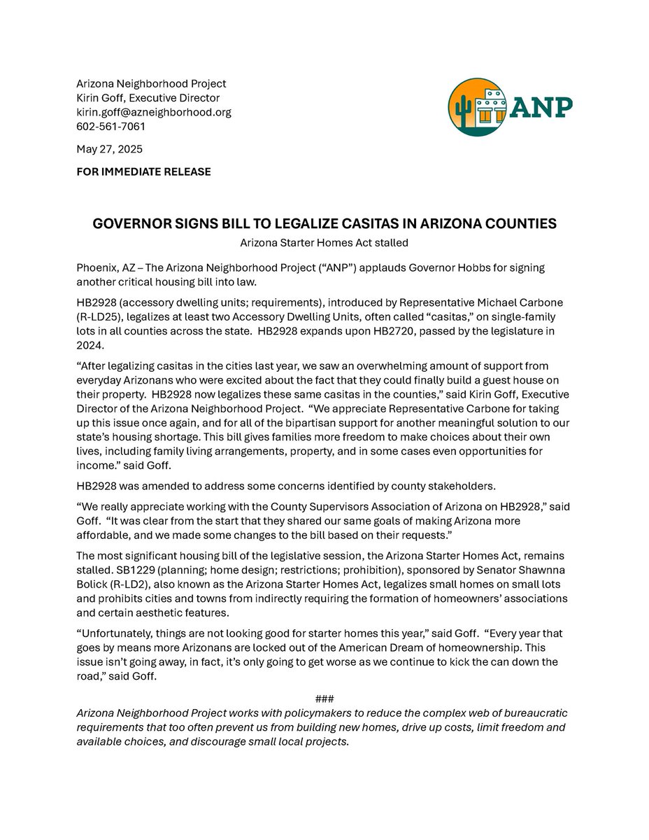 <a href="/GovernorHobbs/">Governor Katie Hobbs</a> signed HB2928, <a href="/MichaelCarbone/">Michael Carbone</a>’s bill allowing casitas in counties! THANK YOU 🙏🏡

And we appreciate <a href="/csaofaz/">County Supervisors Association</a> working with us - so great to see AZ counties leading the way on housing once again.