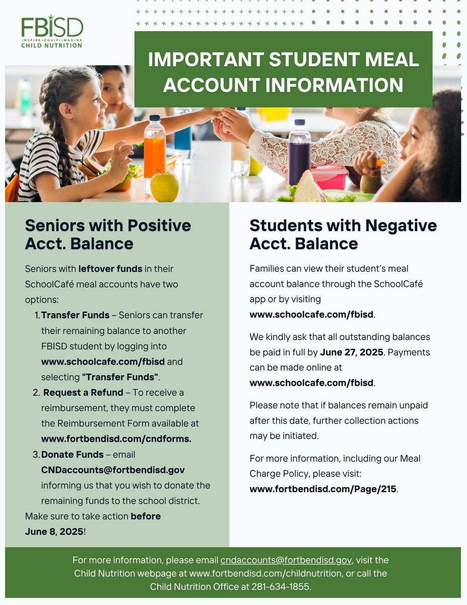 🚨 Important Student Meal Account Notice 🚨

Graduating seniors with remaining meal account balances and students with negative meal account balances—please check out the flyer for important details and next steps! #FBISD #FBISDFoodie
