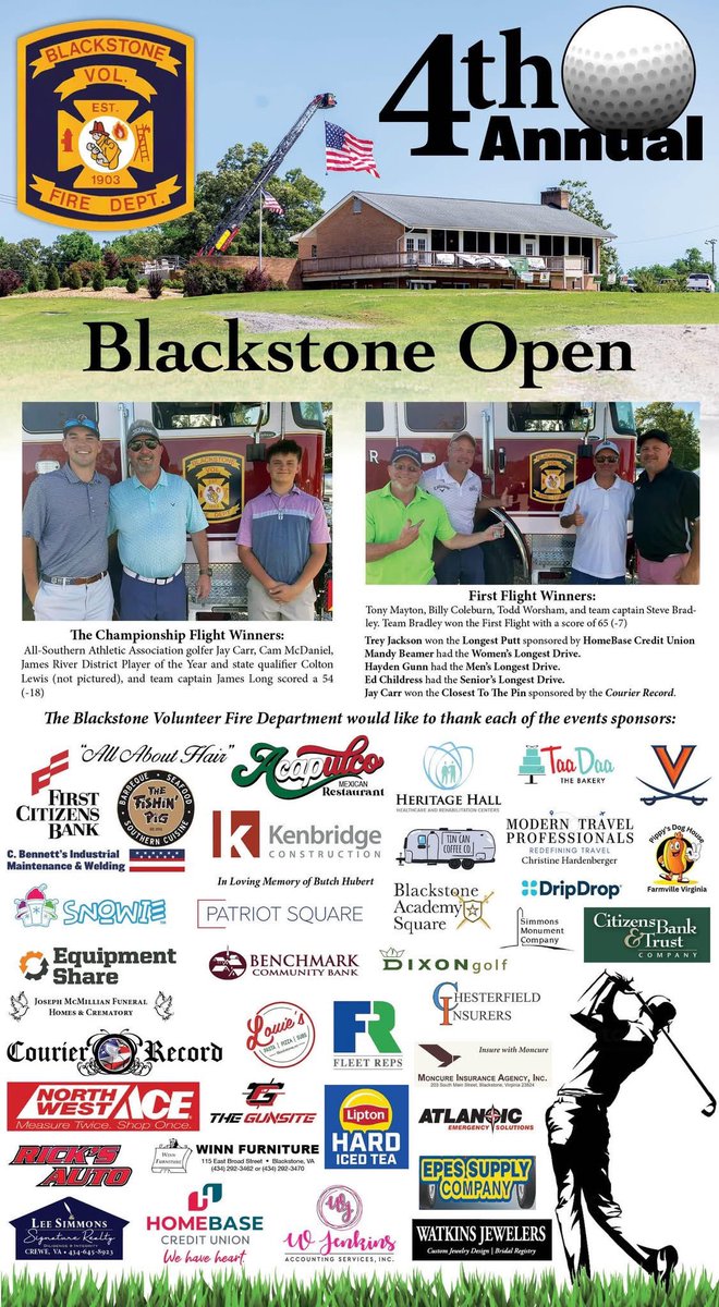 Blackstonevfd's tweet photo. Thank you to all of our supporters and participants for your help in making the Blackstone Open a great event! https://t.co/D5pCTxl8mp