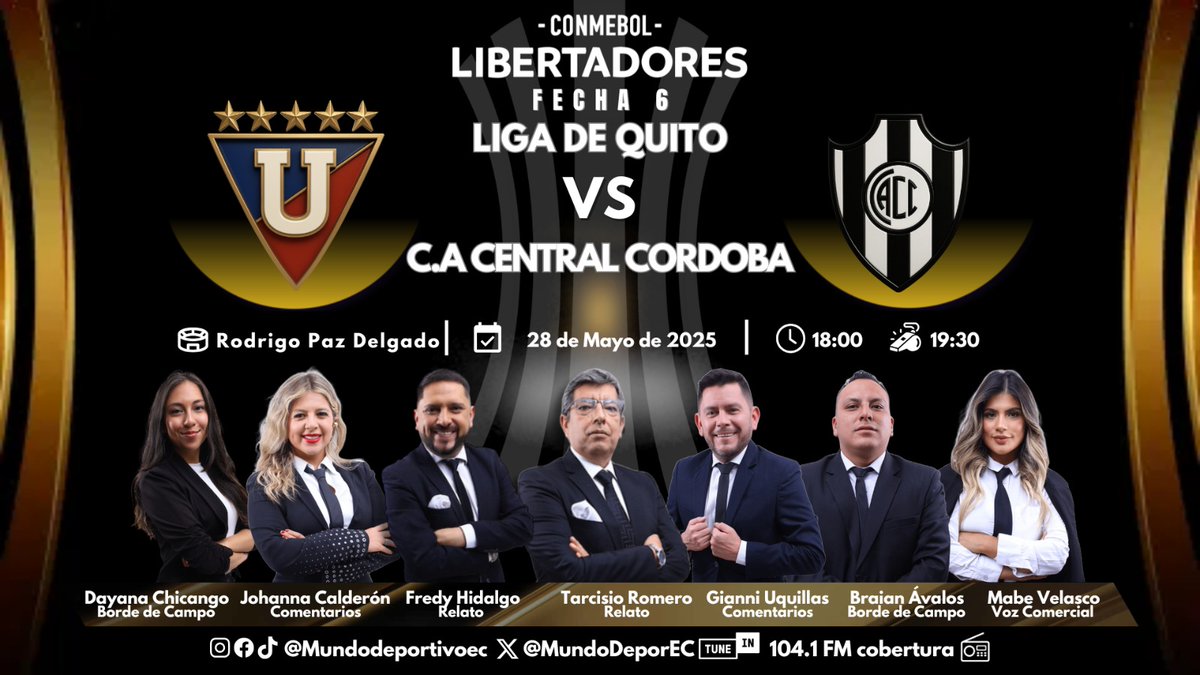 MUNDO DEPORTIVO EC ๐ช๐จ (@mundodeporec) on Twitter photo ๐ยกLIBERTADORES! Seguimos con la jornada de #Libertadores desde el Rodrigo Paz Delgado
<a href="/LDU_Oficial/">LDU Oficial</a> ๐ <a href="/cacc_sde/">Club Atletico Central Cรณrdoba</a>
๐๏ธ <a href="/TarcisioRomero/">Tarcisio Romero</a>
๐๏ธ <a href="/FPHidalgo/">Fredy Patricio Hidalgo</a>
๐๏ธ <a href="/johacalderon11/">Johanna Calderรณn</a>
๐๏ธ <a href="/gianniuqui/">Gianni Uquillas A.</a>
๐๏ธ <a href="/ChicangoDayana/">Dayana Chicango</a>
๐๏ธ <a href="/Braian_AvalosG/">Braian Andrรฉs Avalos</a>
๐ฃ๏ธ <a href="/mabe_velasco/">Mabe</a> ๐ยกLIBERTADORES! Seguimos con la jornada de #Libertadores desde el Rodrigo Paz Delgado
<a href="/LDU_Oficial/">LDU Oficial</a> ๐ <a href="/cacc_sde/">Club Atletico Central Cรณrdoba</a>
๐๏ธ <a href="/TarcisioRomero/">Tarcisio Romero</a>
๐๏ธ <a href="/FPHidalgo/">Fredy Patricio Hidalgo</a>
๐๏ธ <a href="/johacalderon11/">Johanna Calderรณn</a>
๐๏ธ <a href="/gianniuqui/">Gianni Uquillas A.</a>
๐๏ธ <a href="/ChicangoDayana/">Dayana Chicango</a>
๐๏ธ <a href="/Braian_AvalosG/">Braian Andrรฉs Avalos</a>
๐ฃ๏ธ <a href="/mabe_velasco/">Mabe</a>