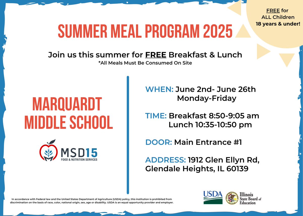 Marquardt 15 Food & Nutrition (@marquardtfood) on Twitter photo We’ve got free, delicious meals for kids and teens 18 and under this summer! Remember, to keep the good times rolling, all meals must be consumed onsite. We can’t wait to see you! 🍔🎉 <a href="/MarquardtSD15/">Marquardt SD15</a> We’ve got free, delicious meals for kids and teens 18 and under this summer! Remember, to keep the good times rolling, all meals must be consumed onsite. We can’t wait to see you! 🍔🎉 <a href="/MarquardtSD15/">Marquardt SD15</a>