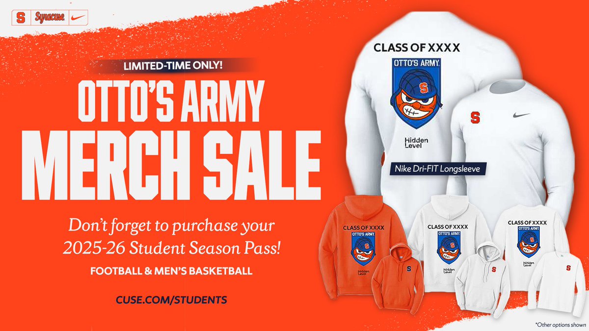 🚨 LIMITED TIME ONLY 🚨
Otto’s Army Merch is HERE 🍊🧡💙
Rep the Syracuse Orange and your class with exclusive gear
Don’t forget your 2025-26 student season pass for football and basketball!
Merch and ticket links in bio
#OttosArmy #GoOrange #CuseNation #StudentSection