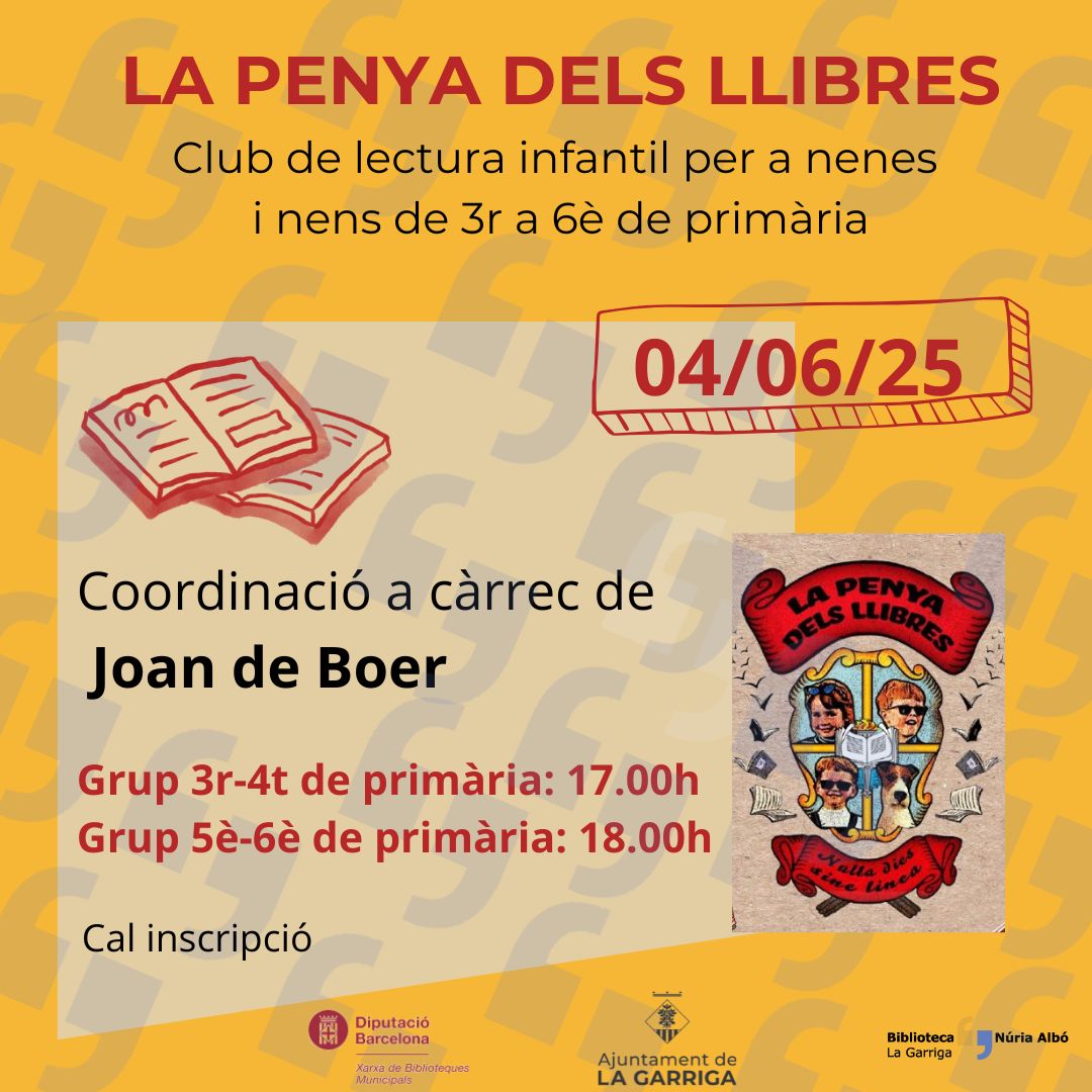 Biblioteca La Garriga (@bibliolagarriga) on Twitter photo Sessió de la Penya els Llibres, el club de lectura per a nenes i nens amb <a href="/joan_de_boer/">Joan de Boer</a> 📚😍!
- Grup 3r/4t de primària: 17.00h
- Grup 5è/6è de primària: 18.00h
(cal inscripció)
<a href="/ajlagarriga/">Ajuntament de la Garriga 🎗️</a> <a href="/bibliotequesXBM/">BibliotequesXBM</a> <a href="/XavGotaneg/">Xavier Gotanegra Ruiz</a> Sessió de la Penya els Llibres, el club de lectura per a nenes i nens amb <a href="/joan_de_boer/">Joan de Boer</a> 📚😍!
- Grup 3r/4t de primària: 17.00h
- Grup 5è/6è de primària: 18.00h
(cal inscripció)
<a href="/ajlagarriga/">Ajuntament de la Garriga 🎗️</a> <a href="/bibliotequesXBM/">BibliotequesXBM</a> <a href="/XavGotaneg/">Xavier Gotanegra Ruiz</a>