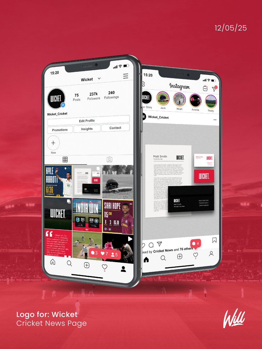 New brand for Wicket 🏏🔥

A cricket news page sharing highlights, stats and scores with a bold, modern look.
We created the name, designed a custom ‘W’ (inspired by the stumps), and paired it with a striking red to reflect the energy of the game and the classic cricket ball.