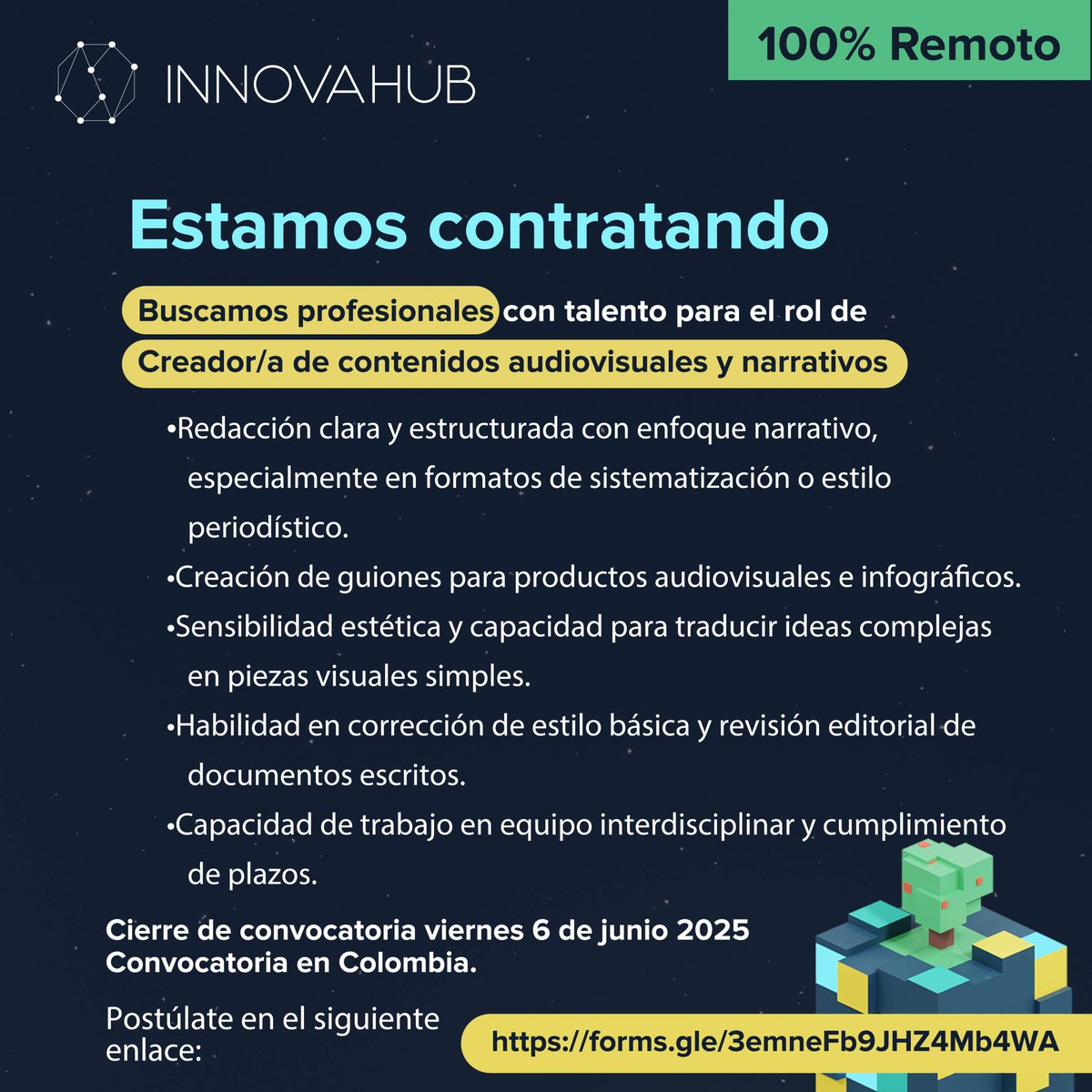 InnovaHubCol's tweet image. Estamos buscando a un/a Creador/a de contenidos audiovisuales y narrativos para unirse a nuestro equipo. Postúlate en: docs.google.com/forms/d/e/1FAI…
#trabajoremoto #creador #creadora #contenidos #creadordecontenidos #creadoradecontenidos #audiovisual #narrativa #producciónaudiovisual