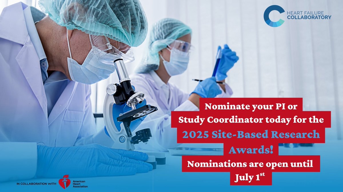 HF Collaboratory (@hfcollaboratory) on Twitter photo Nominations are now open for the 2025 HFC Site-Based Research #Awards , in collab with <a href="/American_Heart/">American Heart Association</a>
Help us recognize outstanding PIs and Study Coordinators advancing #heartfailure clinical trials
#hfc #cardiotwitter #ClinicalTrial
Nominate here:
hfcollaboratory.com/nominations/ Nominations are now open for the 2025 HFC Site-Based Research #Awards , in collab with <a href="/American_Heart/">American Heart Association</a>
Help us recognize outstanding PIs and Study Coordinators advancing #heartfailure clinical trials
#hfc #cardiotwitter #ClinicalTrial
Nominate here:
hfcollaboratory.com/nominations/