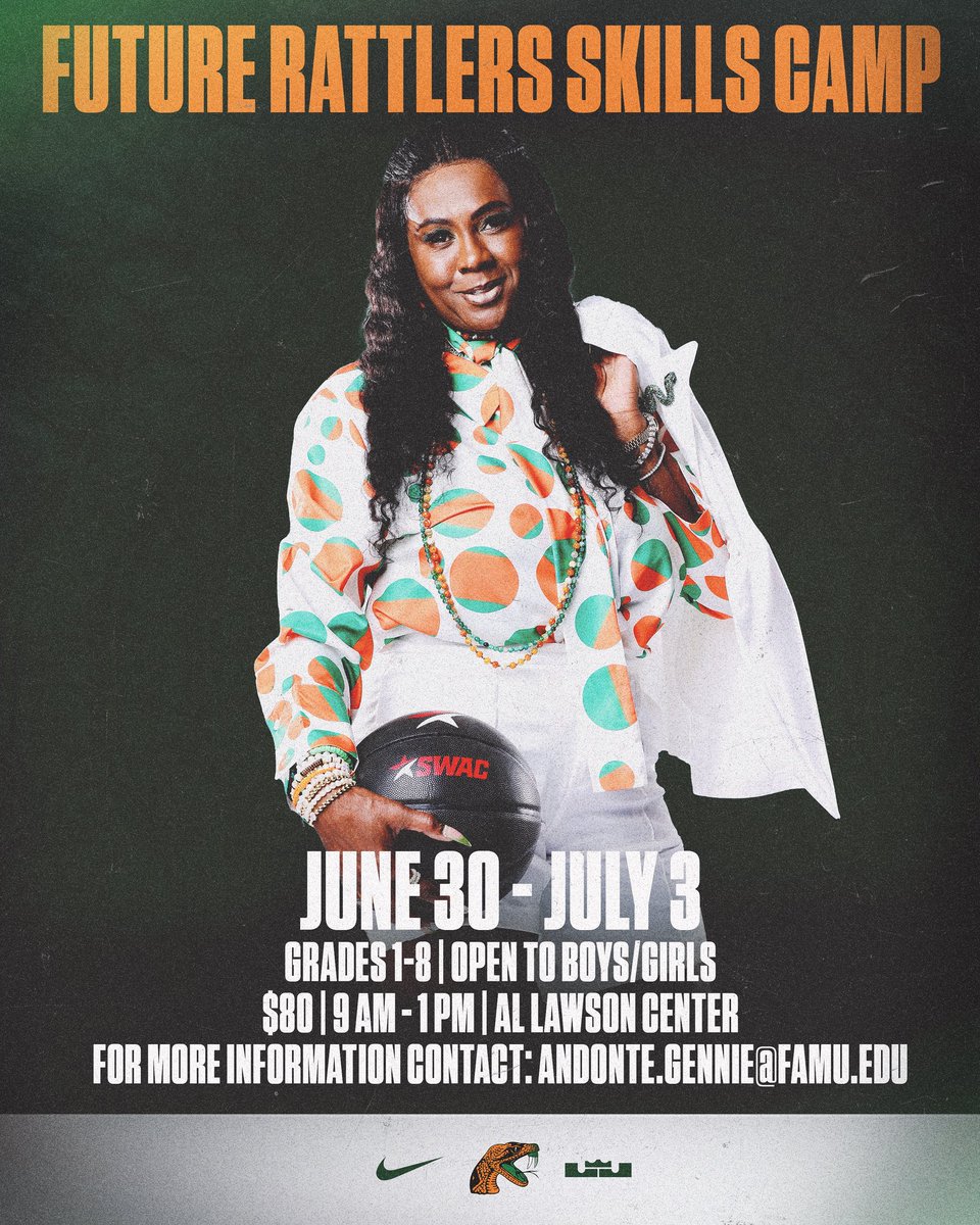 Florida A&M Womenโs Basketball ๐ (@famu_wbb) on Twitter photo June 30 - July 3
Grades 1-8 | open to boys/girls
$80 | 9 am - 1 pm | Al Lawson Center
For more information contact: andonte.gennie@famu.edu
#FAMU | #Rattlers | #FangsUp June 30 - July 3
Grades 1-8 | open to boys/girls
$80 | 9 am - 1 pm | Al Lawson Center
For more information contact: andonte.gennie@famu.edu
#FAMU | #Rattlers | #FangsUp