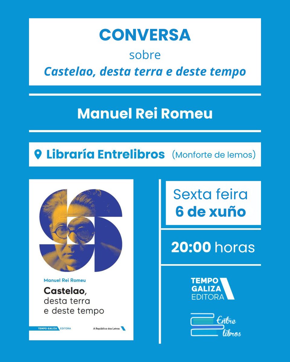 Tempo Galiza (@tempogaliza) on Twitter photo Na prรณxima sexta feira (6 de xuรฑo) conversa en #MONFORTE con Manuel Rei Romeu sobre ๐๐๐ฌ๐ญ๐๐ฅ๐๐จ, ๐๐๐ฌ๐ญ๐ ๐ญ๐๐ซ๐ซ๐ ๐ ๐๐๐ฌ๐ญ๐ ๐ญ๐๐ฆ๐ฉ๐จ. Serรก รกs 20:00 horas na librarรญa ๐ฌ๐๐๐๐ ๐ณ๐๐๐๐๐.
#AnoCastelao #Galiza #Libros Na prรณxima sexta feira (6 de xuรฑo) conversa en #MONFORTE con Manuel Rei Romeu sobre ๐๐๐ฌ๐ญ๐๐ฅ๐๐จ, ๐๐๐ฌ๐ญ๐ ๐ญ๐๐ซ๐ซ๐ ๐ ๐๐๐ฌ๐ญ๐ ๐ญ๐๐ฆ๐ฉ๐จ. Serรก รกs 20:00 horas na librarรญa ๐ฌ๐๐๐๐ ๐ณ๐๐๐๐๐.
#AnoCastelao #Galiza #Libros