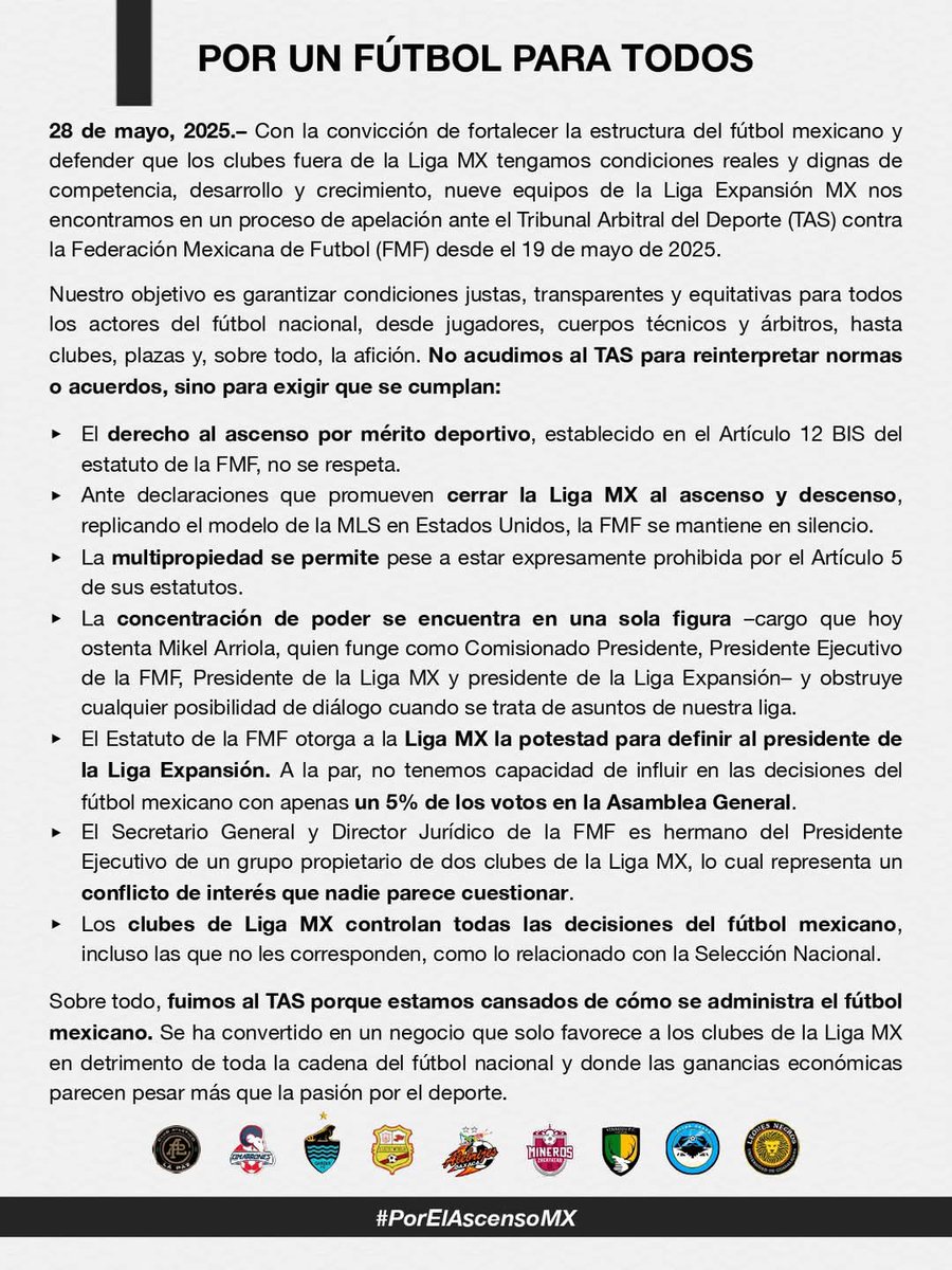 JaibaBrava_TM's tweet photo. 📄 | Nueve clubes de la Liga Expansión MX acudimos al TAS para exigir el respeto al derecho al ascenso por mérito deportivo, rechazar la concentración de poder y defender el derecho legítimo al ascenso.

(1/2) https://t.co/OHE3XsSuuO