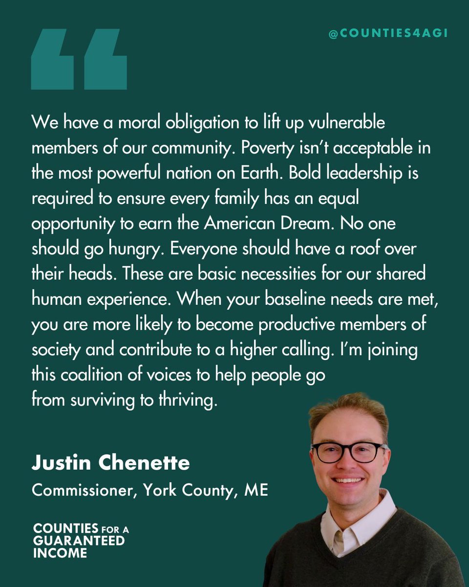 Big week: Maine is officially in the house! 🌲

York County Commissioner <a href="/justinchenette/">Commissioner Justin Chenette</a> is our newest member, making him the first elected official representing Maine in the <a href="/mayorsforagi/">Mayors for a Guaranteed Income</a>, <a href="/CountiesforAGI/">Counties for a Guaranteed Income</a>, and Legislators for a Guaranteed Income network.