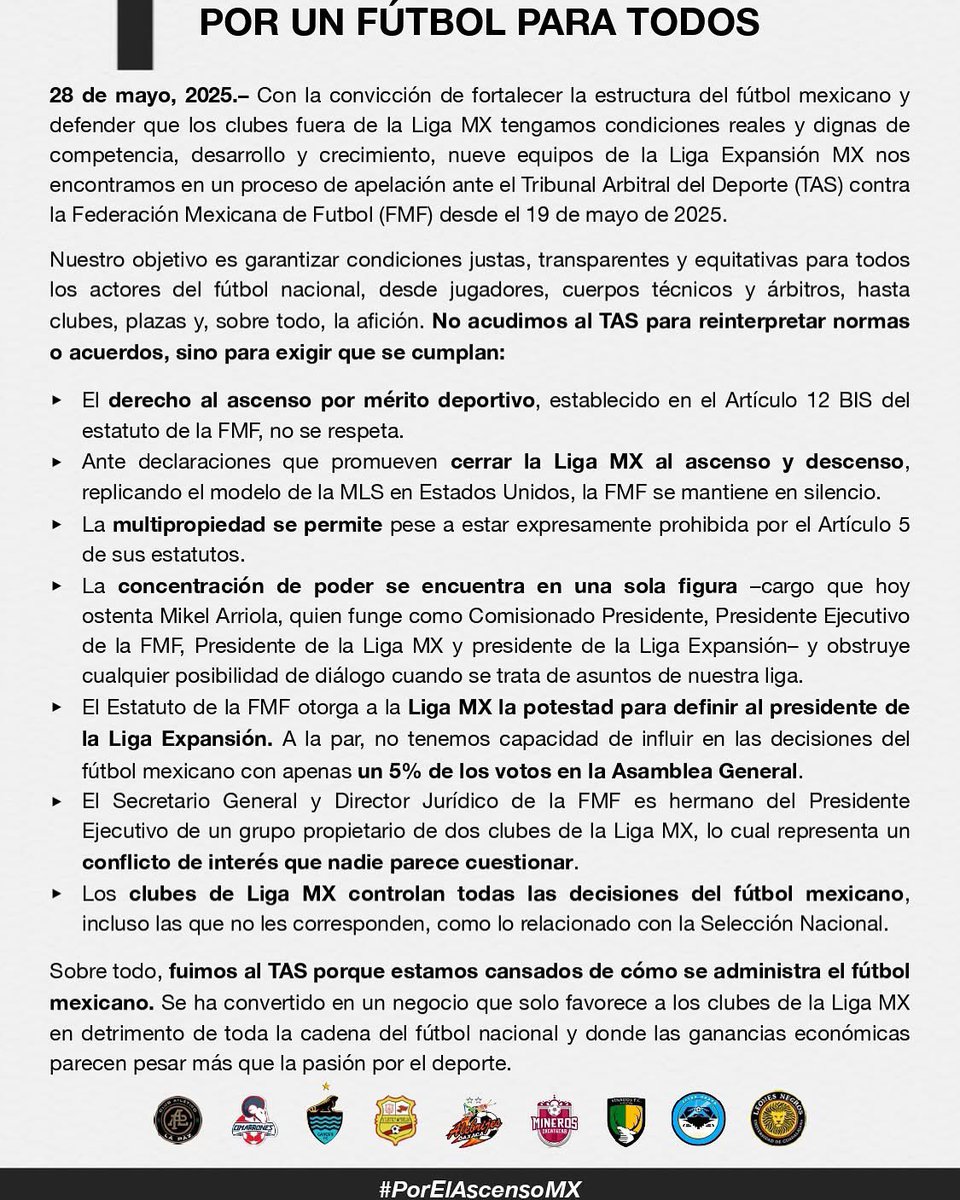 AlebrijesOaxaca's tweet photo. Nueve clubes de la Liga Expansión recurrimos al TAS porque creemos en un fútbol con reglas claras, justicia deportiva y oportunidades reales para todos.

Esta lucha no es solo por nosotros: es por México y el fútbol. 

#PorElAscensoMX #PorUnFútbolParaTodos https://t.co/Mxu4EkWExy