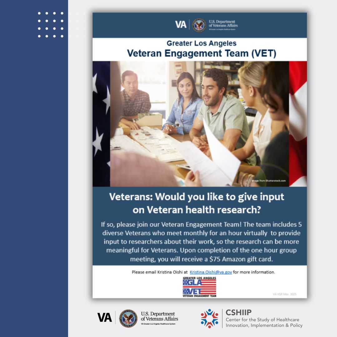 VA Greater Los Angeles Healthcare System (@losangelesva) on Twitter photo Veterans, Would you like to give input on Veteran health research? Join our Veteran Engagement Team! Our team meets monthly for an hour to provide input to researchers, so research can be more meaningful to Veterans. For more information, email kristina.oishi@va.gov. Veterans, Would you like to give input on Veteran health research? Join our Veteran Engagement Team! Our team meets monthly for an hour to provide input to researchers, so research can be more meaningful to Veterans. For more information, email kristina.oishi@va.gov.