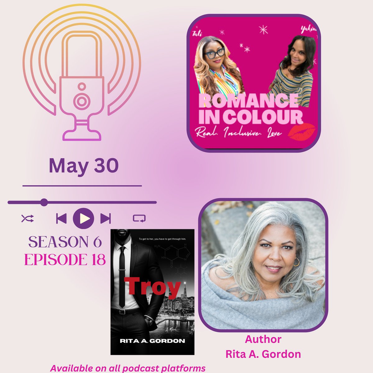 Hey everyone! Happy Black Romance Book Fest Week! We are leaving you with an amazing podcast to listen to as you travel to ATL for the festivities!

We are talking to author Rita Gordon about her latest release Troy, a bodyguard romance 

Tune in Friday! Available everywhere!