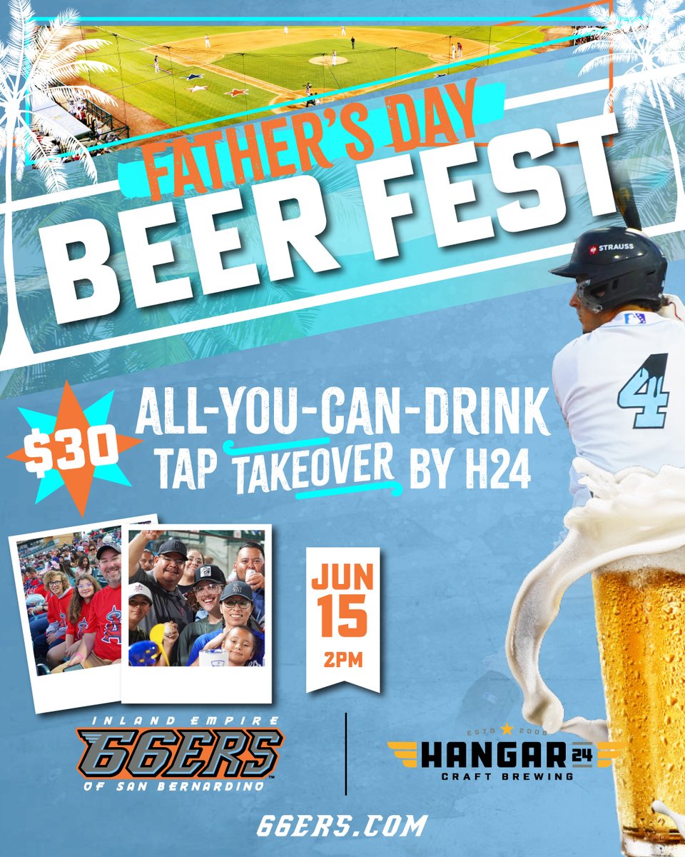 66ersBaseball's tweet image. This Father’s Day, give Dad what he really wants — baseball, beer, games, and good vibes! 🍻
Join us Sunday June 15 for our Tap Takeover: $30 for all- you can drink beer, plus cornhole, bar games, and a live DJ!
mlb.tickets.com/?orgId=57609&amp;amp;a…

#FathersDayFun #TapTakeover #allyoucandrink