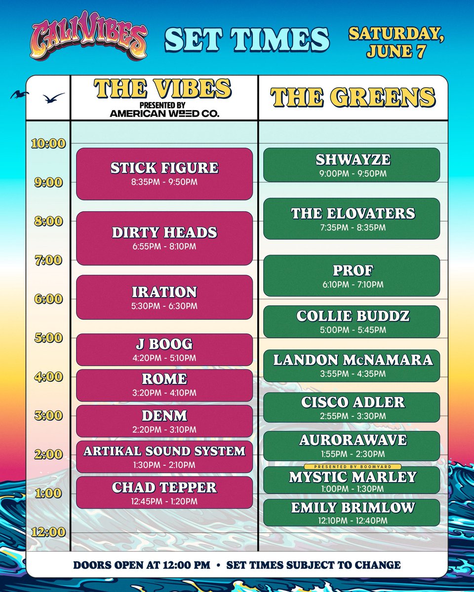 calivibesfest's tweet photo. ARTIST SET TIMES ANNOUNCED🔥 Let's gooooo.....!! Stacked vibes all weekend long 🥳 🥳 https://t.co/xmHvsUFMRh