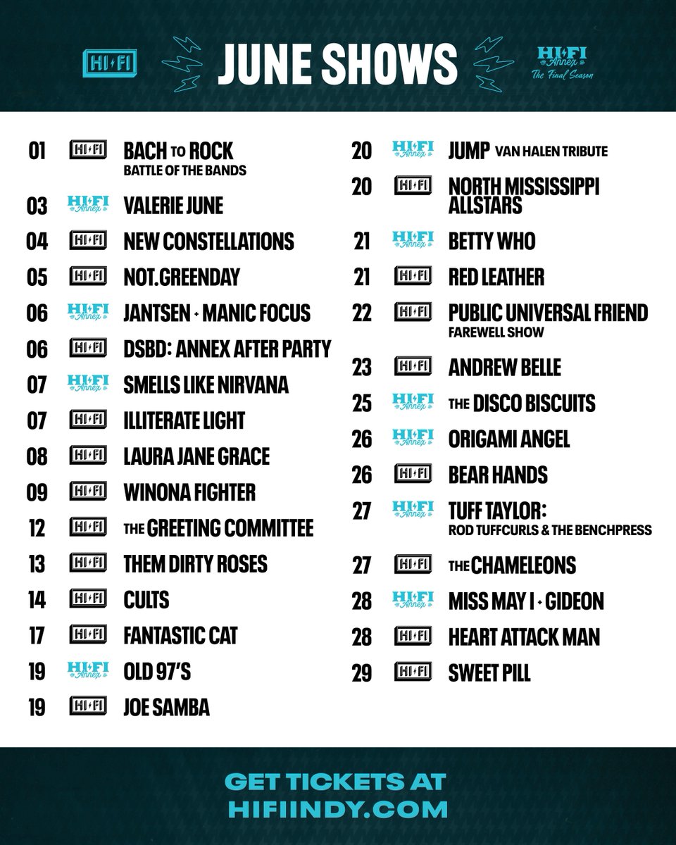 June Calendar ⚡ Mark your calendars, grab your crew, and let’s make June rock! What shows will we see you at in June at #hifiindy &amp; #HIFIAnnex? 
Get tickets a hifiindy.com 🎫