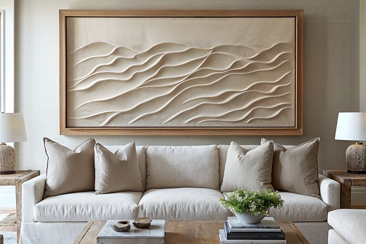 A wave of calm in every curve 🌊✨. Who wouldn't want to kick back and soak in the beauty of this textured art piece? So soothing, so serene. 🛋

#InteriorDesign #ArtInspiration #TexturedWalls #NeutralVibes