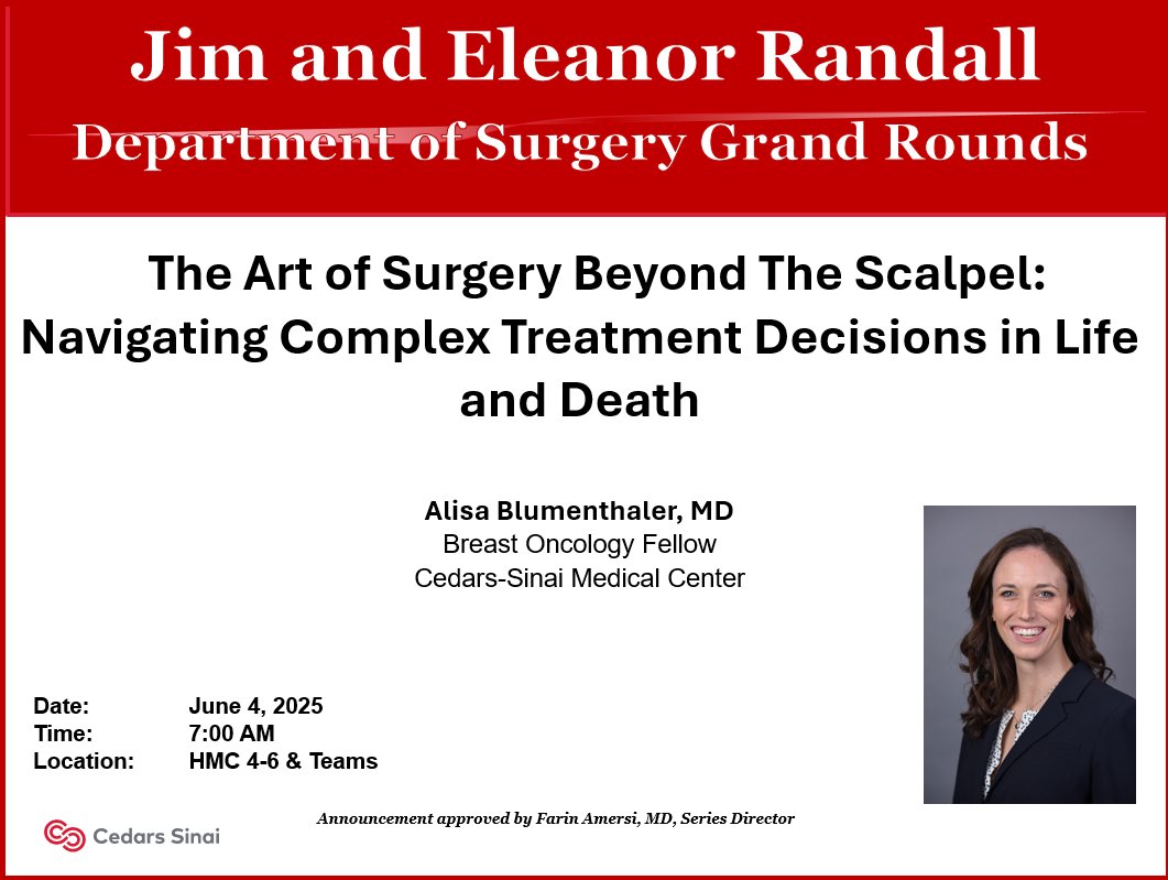 Department of Surgery at Cedars-Sinai (@deptsurgerycs) on Twitter photo Join us next week, Wednesday, June 4th at 7:00AM for our #Surgery #GrandRounds with our very own fellow Dr. Alisa Blumenthaler <a href="/alisab44/">Alisa Blumenthaler, MD</a>!
🏢In-Person: HMC 4-6
➡️Virtual Meeting Link: microsoft.com/microsoft-team…
👉Meeting ID: 295 327 304 837 4
👉Passcode: 7PB2gt6o Join us next week, Wednesday, June 4th at 7:00AM for our #Surgery #GrandRounds with our very own fellow Dr. Alisa Blumenthaler <a href="/alisab44/">Alisa Blumenthaler, MD</a>!
🏢In-Person: HMC 4-6
➡️Virtual Meeting Link: microsoft.com/microsoft-team…
👉Meeting ID: 295 327 304 837 4
👉Passcode: 7PB2gt6o