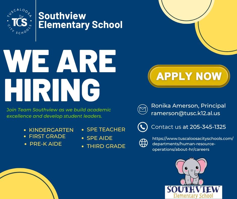 Southview Elementary (@southview_tcs) on Twitter photo We’re Hiring Passionate Educators!🍏
Do you love children and have a desire to make a positive impact on the next generation?
✅Competitive Salary
✅Supportive Team Culture
✅Mentor Program
Appyl now: tuscaloosacityschools.com/departments/hu…
#JoinOurTeam #TeacherJobs <a href="/TCSBoardofEd/">T🍏S Board of Ed</a> We’re Hiring Passionate Educators!🍏
Do you love children and have a desire to make a positive impact on the next generation?
✅Competitive Salary
✅Supportive Team Culture
✅Mentor Program
Appyl now: tuscaloosacityschools.com/departments/hu…
#JoinOurTeam #TeacherJobs <a href="/TCSBoardofEd/">T🍏S Board of Ed</a>