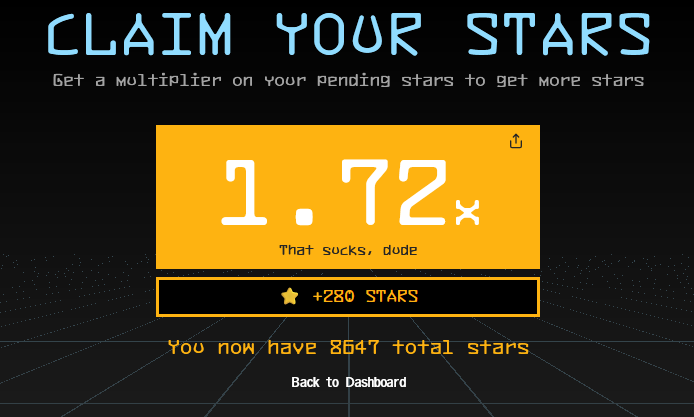 Stage 1 got fixed, but my luck? Still completely broken 

Claim your stars - testnet.succinct.xyz/stars

😭