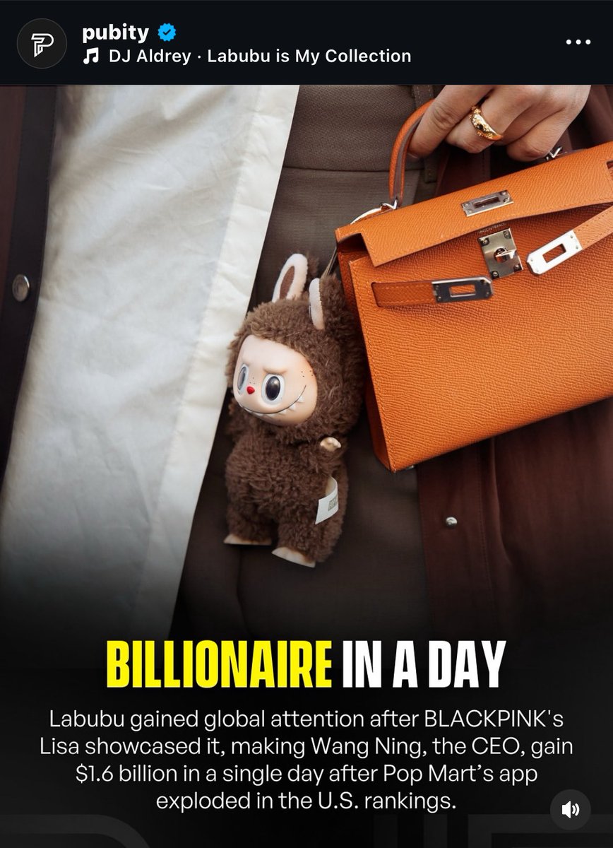 .<a href="/pubity/">Pubity</a> IG update:

“Labubu gained global attention after BP’s #LISA showcased it, making Wang Ning, the ceo gain $1.6B in a single day after Pop Mart’s app exploded in the U.S. rankings..”

🔗 instagram.com/p/DKNHCQGNALd/…

<a href="/POPMARTGlobal/">POP MART</a> <a href="/popmart_us/">POP MART North America</a> 
<a href="/wearelloud/">LLOUD</a> <a href="/RCARecords/">rcarecords</a>