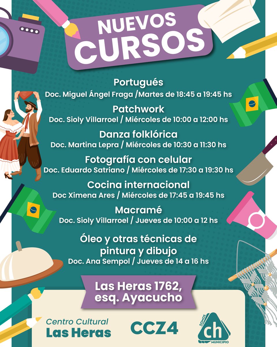 ¡Nuevos Talleres en Centro Cultural Las Heras!
Muchisimos y muy diversos. ¡Sumate!
Inscripciones abiertas en Las Heras 1762 esquina Ayacucho de lunes a viernes de 10 a 17 hs.
Consultas al 2487 1836
#SomosCH