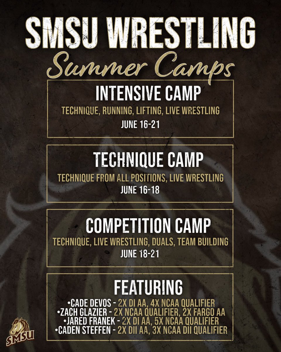 Camps are 3 weeks away!! Make sure you get registered asap to reserve your spot! This year’s camps will feature an all-star lineup of clinicians including multiple D1 and D2 All-Americans 💪

Sign up at smsuwrestlingcamps.com

#horsepower