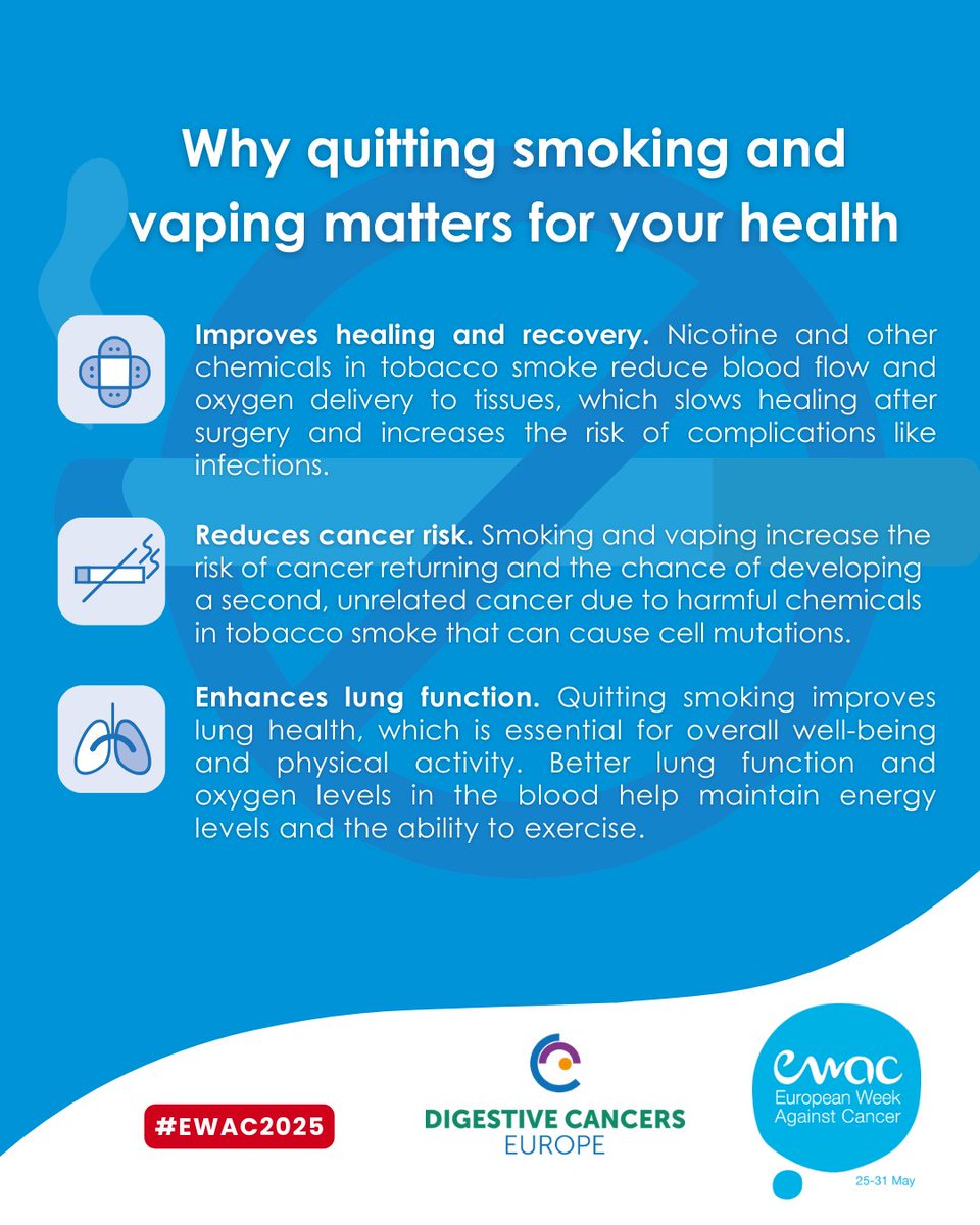 Digestive Cancers Europe (@dice_europe) on Twitter photo Quitting smoking is a crucial step for your future and health. It decreases the risk of cancer returning, boosts recovery, and improves overall well-being.
#WorldNoTobaccoDay #EWAC2025 #CancerSurvivors #QuitSmoking #BetterHealth #TobaccoFree #QuitSmoking <a href="/EU_EWAC/">European Week Against Cancer</a> <a href="/EU_Health/">EU One Health</a> Quitting smoking is a crucial step for your future and health. It decreases the risk of cancer returning, boosts recovery, and improves overall well-being.
#WorldNoTobaccoDay #EWAC2025 #CancerSurvivors #QuitSmoking #BetterHealth #TobaccoFree #QuitSmoking <a href="/EU_EWAC/">European Week Against Cancer</a> <a href="/EU_Health/">EU One Health</a>