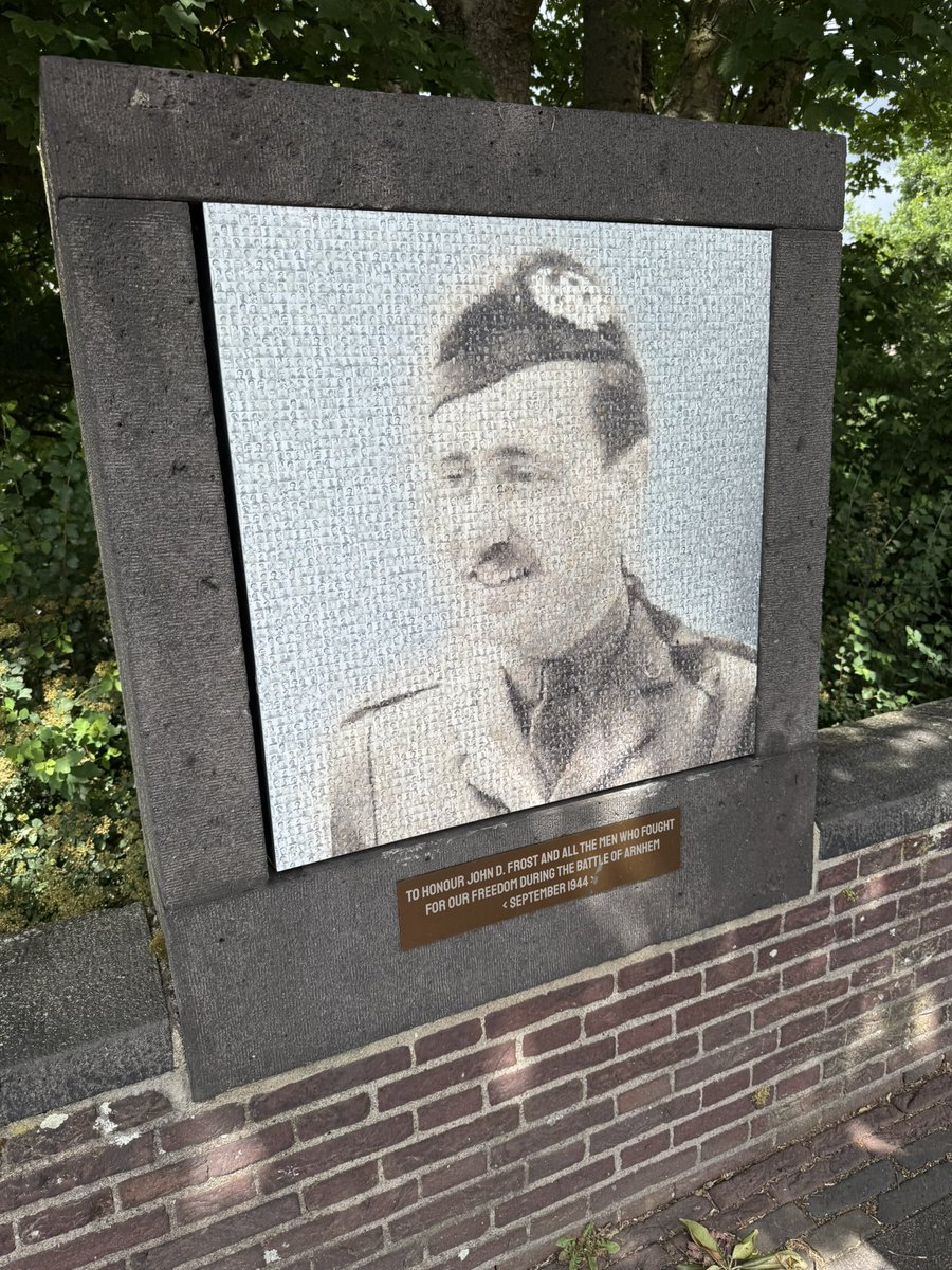 The temporary memorial at the John Frost bridge in Arnhem. It’s just a placeholder until a replica of the stolen memorial can be unveiled. Probably be Sept. This one is really interesting, the pic of John Frost consists small pics of the men who fought here in 1944 (zoom in!)
