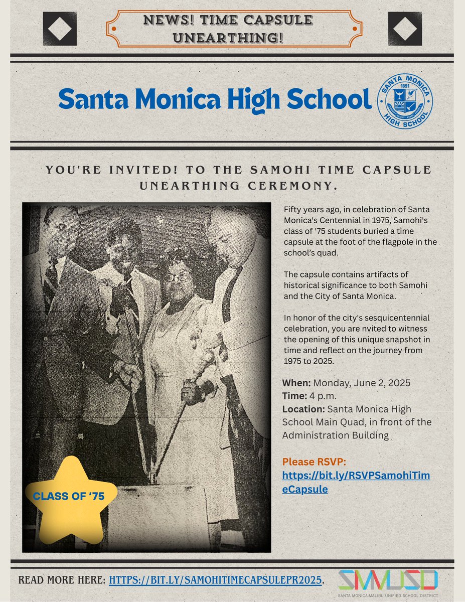 SMMUSD - OFFICIAL (@smmusd) on Twitter photo ๐ Join us at #Samohi on Mon., June 2, 2025, as we unearth a time capsule buried 50 years ago in 1975! In honor of Santa Monicaโs 150th, all students, staff, families, community members, & alumni including the class of '75 are invited. โณ <a href="/Dr_AShelton/">Dr. Antonio Shelton</a> <a href="/SamohiPrincipal/">Marae Cruce</a> ๐ Join us at #Samohi on Mon., June 2, 2025, as we unearth a time capsule buried 50 years ago in 1975! In honor of Santa Monicaโs 150th, all students, staff, families, community members, & alumni including the class of '75 are invited. โณ <a href="/Dr_AShelton/">Dr. Antonio Shelton</a> <a href="/SamohiPrincipal/">Marae Cruce</a>