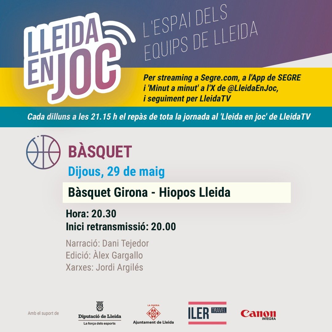 💥 Aquest DIJOUS, ÚLTIM PARTIT de la TEMPORADA 2024/2025 a #LleidaEnJoc🏀

📆 Dijous a les 20:30h: El <a href="/flleida/">HIOPOS LLEIDA</a> visita al <a href="/BasquetGirona/">Bàsquet Girona</a> al Pavelló de Fontajau!📻

#BàsquetGironaHioposLleida #LigaEndesa