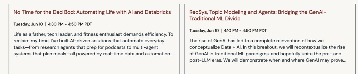 Omar Khattab (@lateinteraction) on Twitter photo If you're in SF in 2 weeks, see you at the @Databricks Data + AI Summit, where we have a long list of sessions on <a href="/DSPyOSS/">DSPy</a>, including:
■ DSPy 3.0 by <a href="/kristahopsalong/">Krista Opsahl-Ong</a> & me (Jun 11)
■ DSPy <> MLflow by <a href="/ChenMoneyQ/">Chen Qian</a> (Jun 11)
■ Opinionated intro to DSPy by <a href="/dbreunig/">Drew Breunig</a> (Jun 10) If you're in SF in 2 weeks, see you at the @Databricks Data + AI Summit, where we have a long list of sessions on <a href="/DSPyOSS/">DSPy</a>, including:
■ DSPy 3.0 by <a href="/kristahopsalong/">Krista Opsahl-Ong</a> & me (Jun 11)
■ DSPy <> MLflow by <a href="/ChenMoneyQ/">Chen Qian</a> (Jun 11)
■ Opinionated intro to DSPy by <a href="/dbreunig/">Drew Breunig</a> (Jun 10)