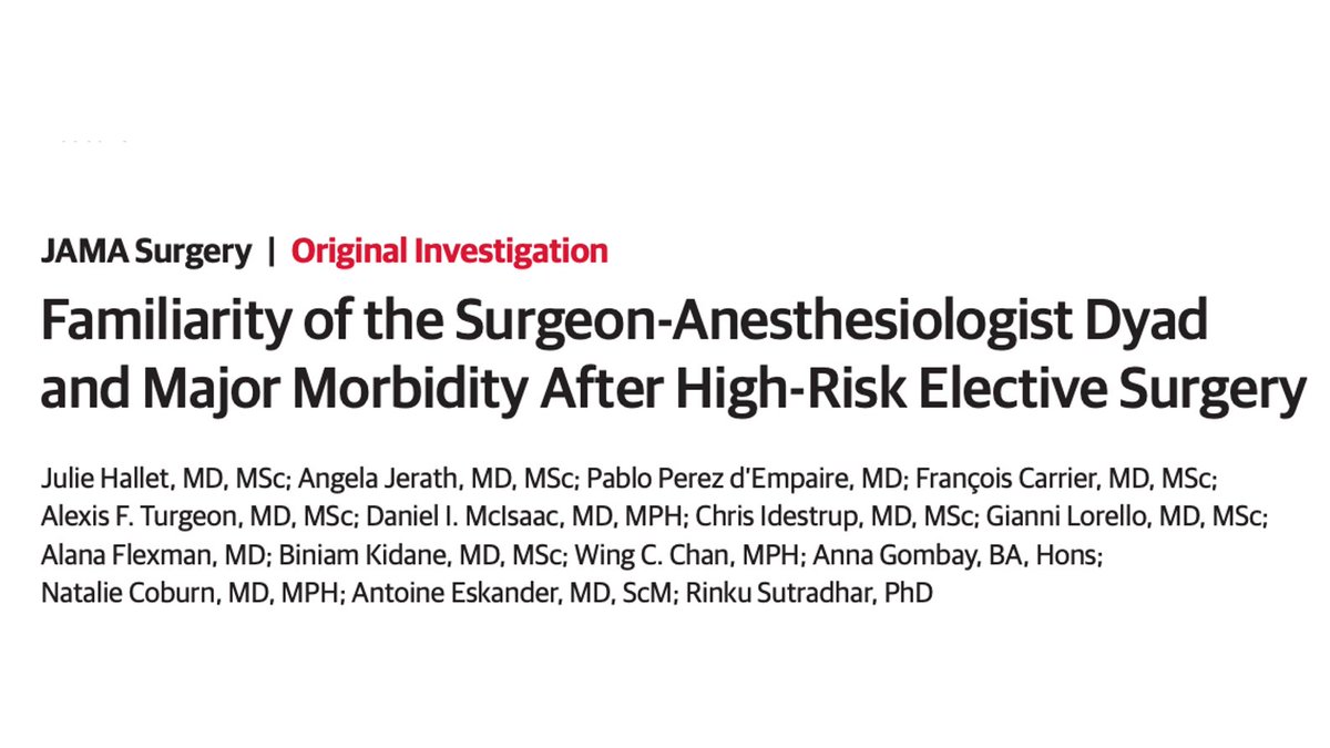 Julie Hallet (@halletjulie) on Twitter photo Stable OR teams contribute to better outcomes🤝✨
Each additional case done by same anesthesiologist-surgeon team 👉 ⬇️ major morbidity
🔓‼Opportunity is knocking: ⬆️outcomes by re-organizing teams
How to do it?
🆕📝<a href="/JAMASurgery/">JAMA Surgery</a> tinyurl.com/yx44pm96 Stable OR teams contribute to better outcomes🤝✨
Each additional case done by same anesthesiologist-surgeon team 👉 ⬇️ major morbidity
🔓‼Opportunity is knocking: ⬆️outcomes by re-organizing teams
How to do it?
🆕📝<a href="/JAMASurgery/">JAMA Surgery</a> tinyurl.com/yx44pm96