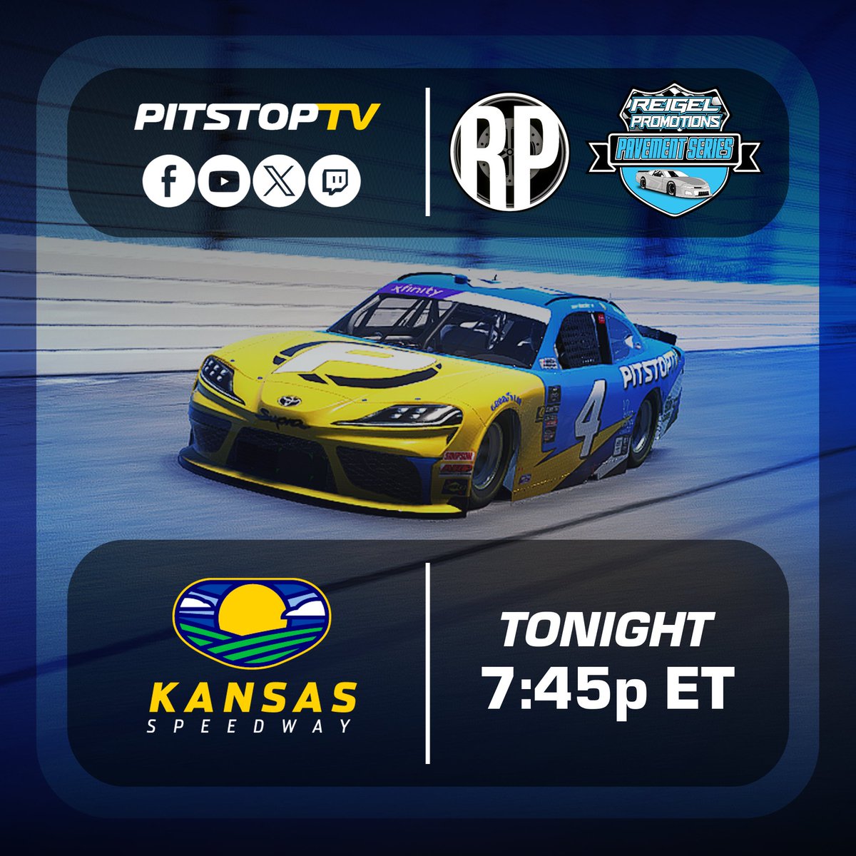 PitStopTV (@pitstoptv_) on Twitter photo TONIGHT: The Reigel Promotions Pavement Series races into America's heartland, in the Heartland 200! Catch the series' best in NASCAR Xfinity cars tonight!
📍: Kansas Speedway
⏰: 7:45p ET
📺: youtube.com/watch?v=GFjbNs…
#iRacing | #PitStopTV | #SimRacing | <a href="/wsimcams/">Whiplash Sim Cams</a> TONIGHT: The Reigel Promotions Pavement Series races into America's heartland, in the Heartland 200! Catch the series' best in NASCAR Xfinity cars tonight!
📍: Kansas Speedway
⏰: 7:45p ET
📺: youtube.com/watch?v=GFjbNs…
#iRacing | #PitStopTV | #SimRacing | <a href="/wsimcams/">Whiplash Sim Cams</a>