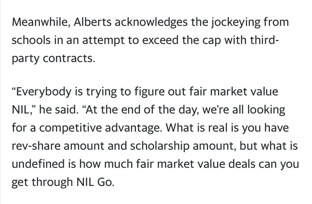 Good look at how NIL is now used in recruiting.

Schools and agents/athletes discuss a number, which is often a combination of rev-share money &amp; third party money. 

The game now is figuring out how to get as much third party above the cap money to athletes as possible.