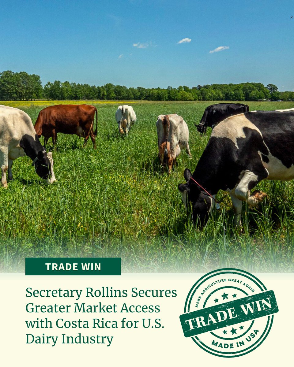 Dept. of Agriculture (@usda) on Twitter photo TRADE WIN!💪
<a href="/SecRollins/">Secretary Brooke Rollins</a> has secured greater market access for American dairy producers, as Costa Rica has approved the first U.S. dairy facility registered under a new streamlined process.
This marks a major step in removing non-tariff trade barriers with more wins to come! TRADE WIN!💪
<a href="/SecRollins/">Secretary Brooke Rollins</a> has secured greater market access for American dairy producers, as Costa Rica has approved the first U.S. dairy facility registered under a new streamlined process.
This marks a major step in removing non-tariff trade barriers with more wins to come!