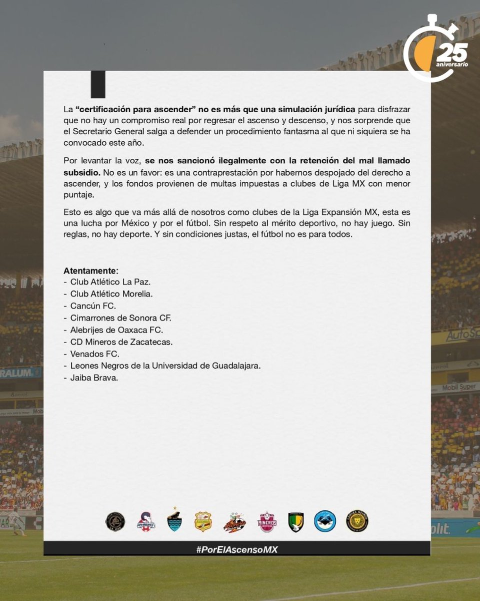 ¡COMUNICADO DE LOS NUEVE CLUBES DE EXPANSIÓN EN SU LUCHA POR EL ASCENSO Y DESCENSO! 🇲🇽🏟️

Estos son los nueve clubes de Liga de Expansión MX que han protestado al TAS el derecho al ascenso y descenso en el futbol mexicano. Cada uno de ellos ha publicado en redes sociales el mismo