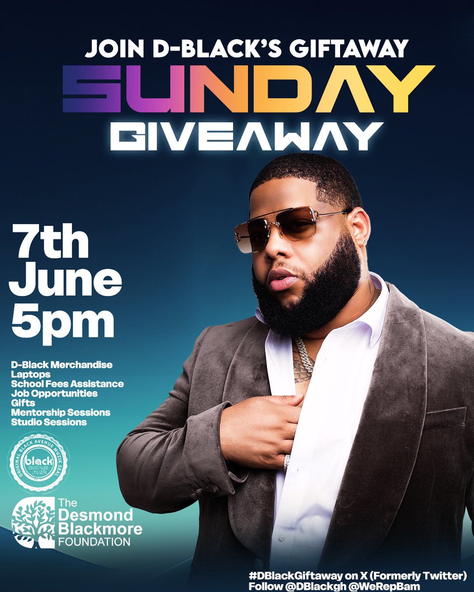 _Sebby___'s tweet image. 🚨Big things are happening on June 7th!
Join .@DBlackgh for the Sunday Giveaway at 5PM and stand a chance to win:
🎁 D-Black merch
💻 Laptops
🎓 School fees assistance
💼 Job opportunities
🎙️ Studio &amp;amp; mentorship sessions
Don’t miss out. It’s more than a giveaway, it’s a movement!