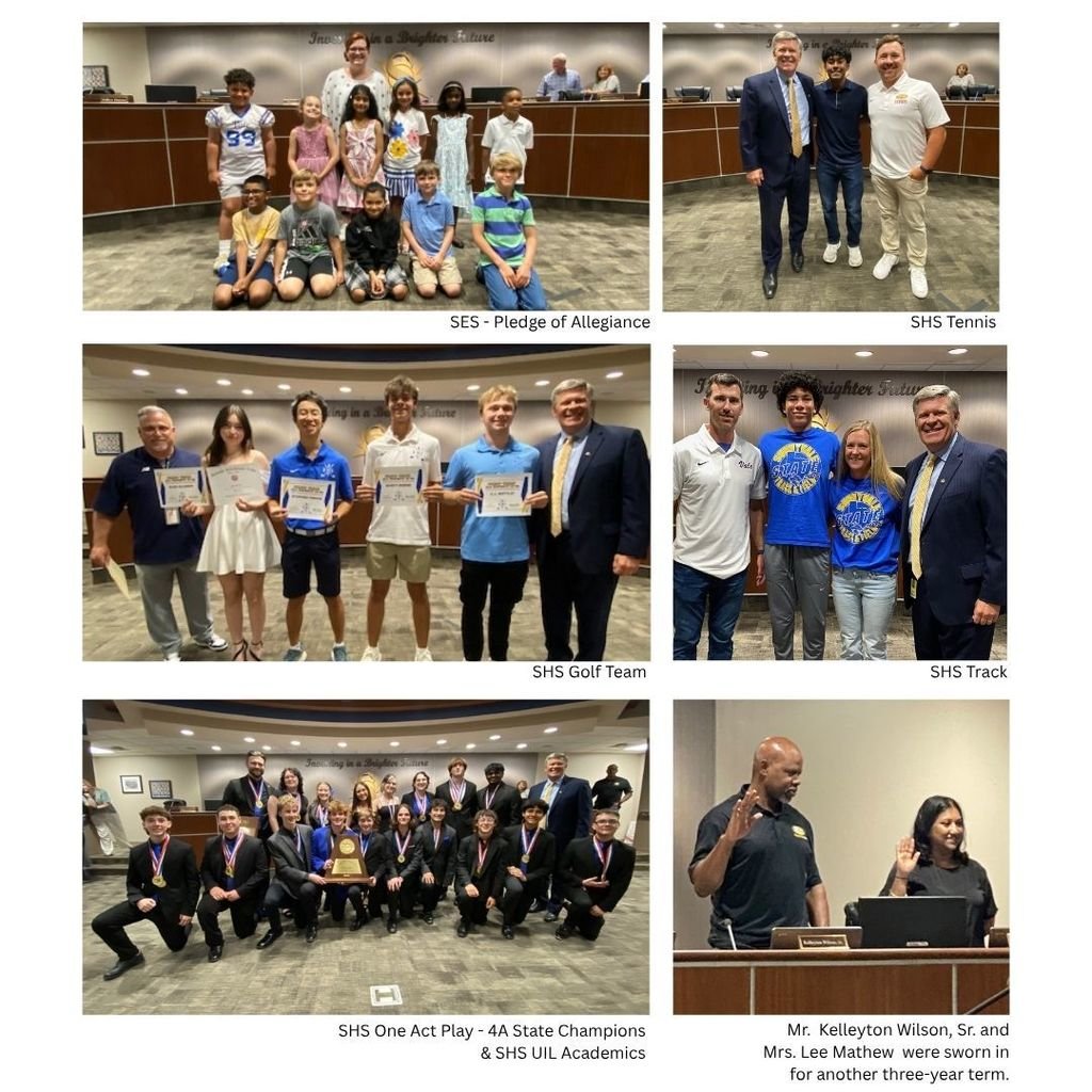 🎉 At last night’s SISD Board of Trustees meeting,  SHS students in track, tennis, golf, Academic UIL &amp; OAP were celebrated for their recent competition wins. Congratulations! ! 
Mr. Kelleyton Wilson, Sr. &amp; Mrs. Lee Mathew were sworn in for another 3-year term on the SISD Board.