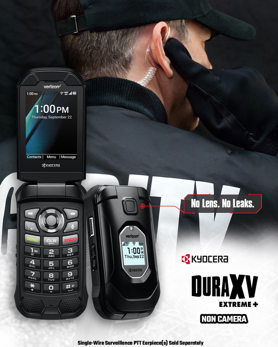 No Lens. No Leaks. Mission-Ready.
 
IDEAL for high-security locations like government bases &amp; protected facilities where photography is strictly prohibited, Kyocera DuraXV Extreme+ Non Camera is ultra-rugged, MCPTT-capable¹, &amp; TAA-compliant for rapid, discrete, &amp; secure