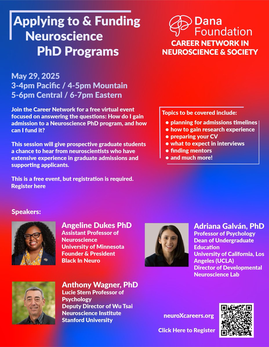 neuroXcareer's tweet image. Join the Career Network for a free virtual event focused on answering the questions: How do I gain admission to a Neuroscience PhD program, and how can I fund it?

This is a free event, but registration is required: umn.zoom.us/meeting/regist…