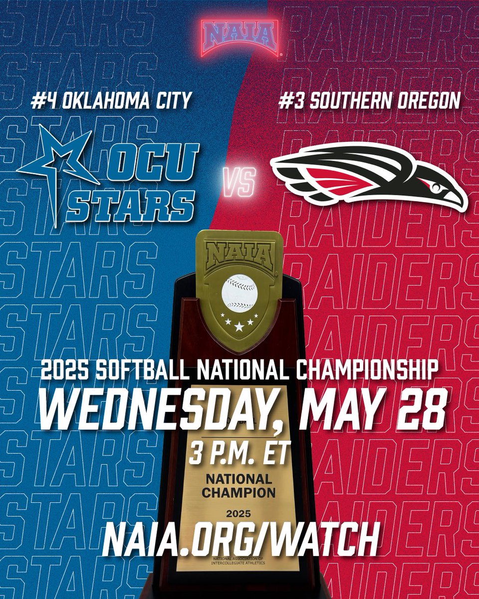 NAIA (@naia) on Twitter photo š„
Itās time for the #NAIASoftball World Series Championship Game! Game 18 from South Commons between <a href="/ocustars/">Okla. City Stars</a> and <a href="/SOURaiders/">Southern Oregon Raiders</a>!
Will the Stars claim the title today, or will the Raiders force the if necessary game tomorrow?
Watch the #BattleForTheRedBanner action for free at š„
Itās time for the #NAIASoftball World Series Championship Game! Game 18 from South Commons between <a href="/ocustars/">Okla. City Stars</a> and <a href="/SOURaiders/">Southern Oregon Raiders</a>!
Will the Stars claim the title today, or will the Raiders force the if necessary game tomorrow?
Watch the #BattleForTheRedBanner action for free at