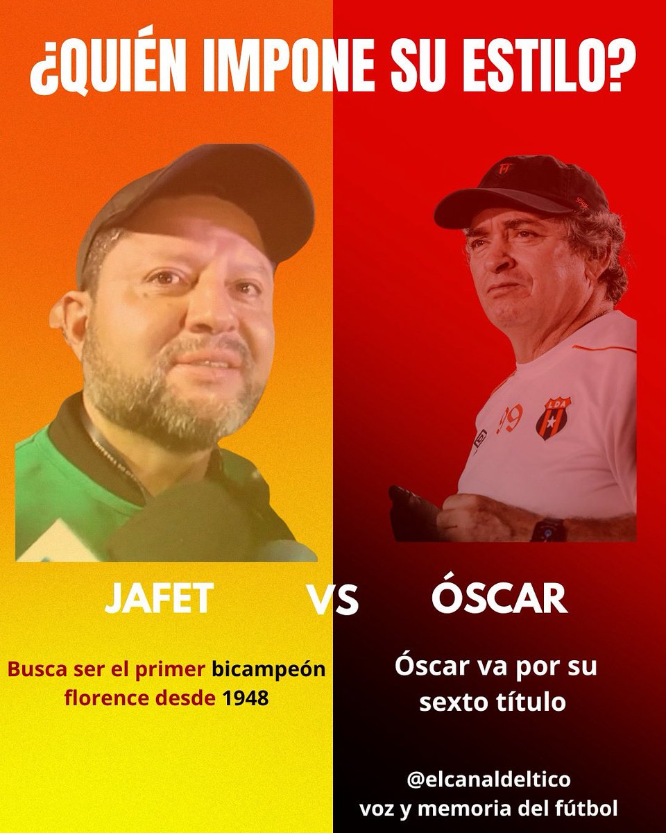 eduardosolano1's tweet image. ¿Quién impone más desde el banquillo?
Jafet Soto 🆚 Óscar Ramírez
Final con historia:
🟥🟡 Jafet va por el bicampeonato florense (no pasa desde 1948).
⚫🔴 Óscar busca su 6º título nacional.
En 2011, el Machillo ganó en penales (6x5).
¿A quién apoyás?

#FinalCR #FútbolTico