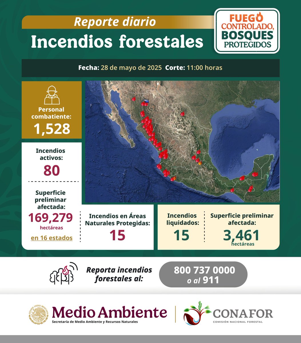 El día de hoy, México reporta 8⃣0⃣ #IncendiosForestales activos 🔥🌳, de los cuales 1⃣5⃣ de ellos se encuentran en áreas naturales protegidas 🐒. 

Si deseas más información, da clic aquí 🖱️👉 monitor-apoyos.cnf.gob.mx/incendios_tarj…