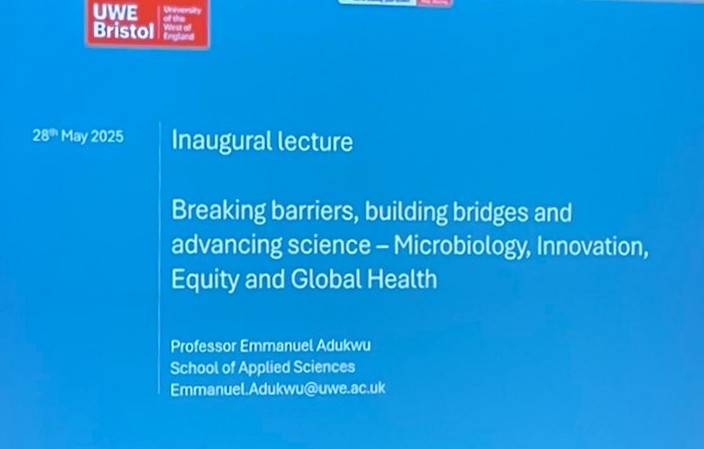 ndosie's tweet image. Inaugural Lecture: Prof Emmanuel Adukwu 

Breaking barriers, building bridges and advancing science - Microbiology, Innovation, Equity and Global Health

Tackling infectious diseases, antimicrobial resistance, and inclusion in research

@UWEBristol @EmmanuelAdukwu #globalhealth