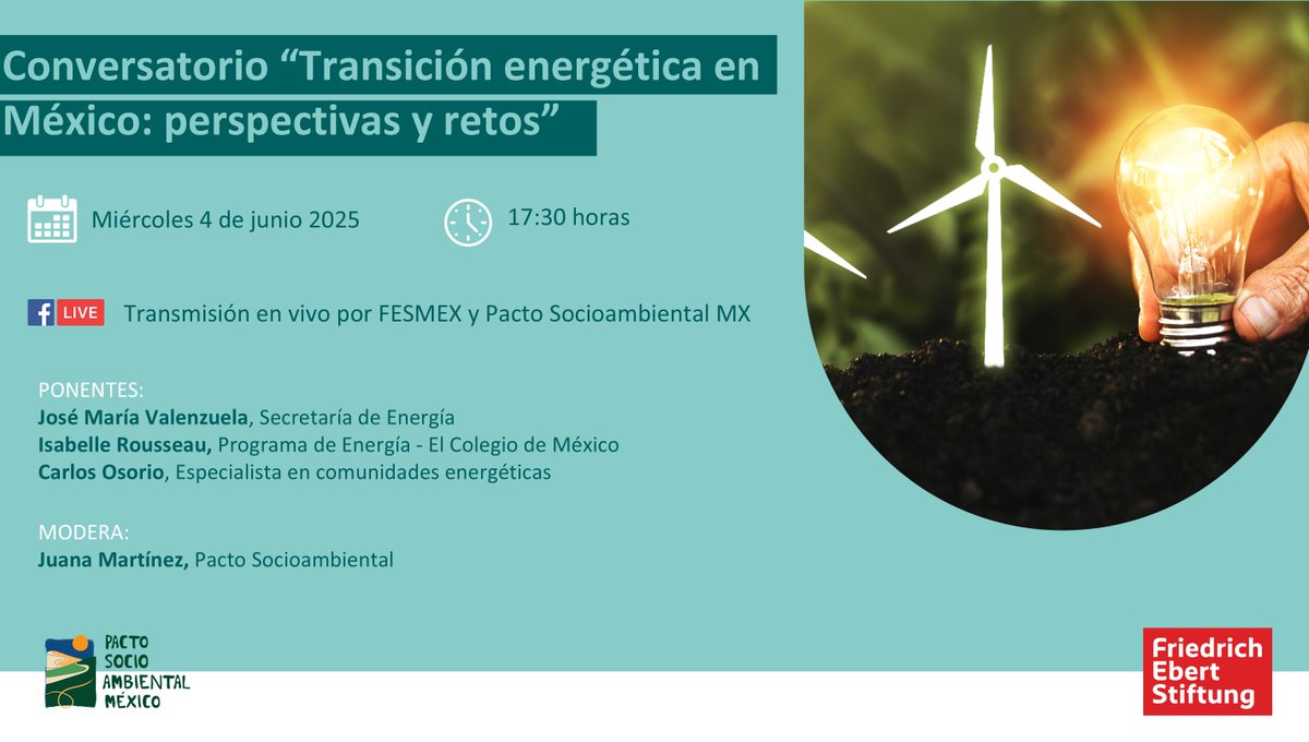 Friedrich-Ebert-Stiftung en México (@fesmex) on Twitter photo 📢Hablemos sobre los retos y oportunidades de la transición energética en México.
¡No te pierdas este Conversatorio! con #JoseMaríaValenzuela de <a href="/SENER_mx/">SENER México</a> #IsabelleRousseau del <a href="/elcolmex/">El Colegio de México</a> <a href="/carlososoriot/">Carlos Osorio Torres</a>
🗓️Miércoles 4 de junio
⏰17:30
FB Live por <a href="/FESMEX/">Friedrich-Ebert-Stiftung en México</a> y <a href="/mx_pacto/">PactoSocioambientalMx</a>
¡Acompáñanos! 📢Hablemos sobre los retos y oportunidades de la transición energética en México.
¡No te pierdas este Conversatorio! con #JoseMaríaValenzuela de <a href="/SENER_mx/">SENER México</a> #IsabelleRousseau del <a href="/elcolmex/">El Colegio de México</a> <a href="/carlososoriot/">Carlos Osorio Torres</a>
🗓️Miércoles 4 de junio
⏰17:30
FB Live por <a href="/FESMEX/">Friedrich-Ebert-Stiftung en México</a> y <a href="/mx_pacto/">PactoSocioambientalMx</a>
¡Acompáñanos!