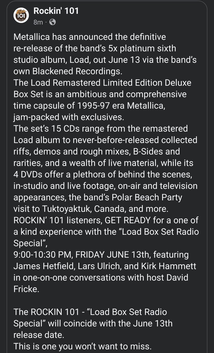 andjusticeformn's tweet image. A radio station in Minnesota (@Rockin1017) that does nightly "Metallica Menage-a-trois" is going to be airing a special "Load" interview, because of the box set's release on Friday, June 13th.
Pretty sure it's going to be airing nationwide as well.